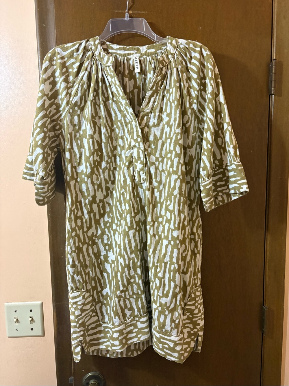 Mirth geometric print shift dress in olive & white